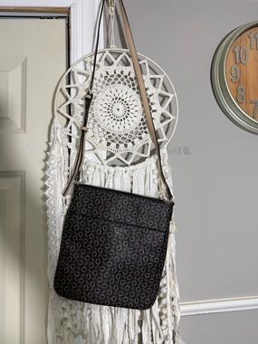 Guess Brown Monogram Crossbody Bag with Tan Strap